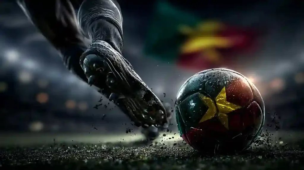 Un joueur de football frappe avec puissance un ballon aux couleurs du Cameroun, avec le drapeau national en arrière-plan flou pour Melbet Cameroun.